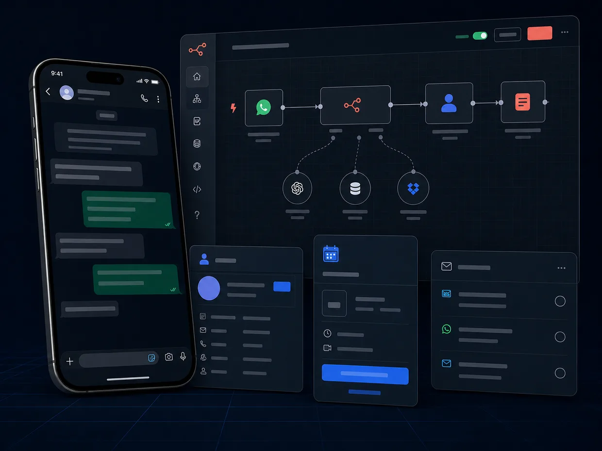 Collage de un asistente de WhatsApp, un flujo de automatización y seguimiento comercial